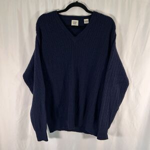 Gap Lambswool Blend Sweater Men's Large Blue Cable Knit Vneck Long Sleeve